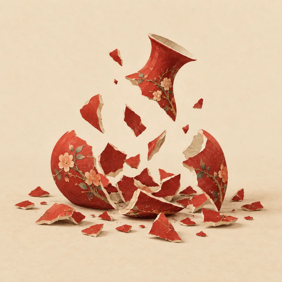 A red vase lies shattered into many pieces