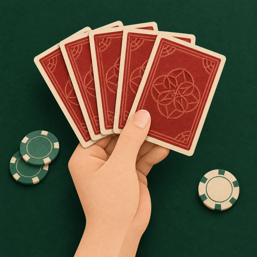 A hand holds a fan of cards face-down