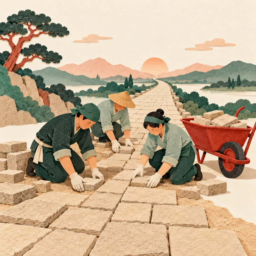Workers lay stones in a road that stretches to the horizon