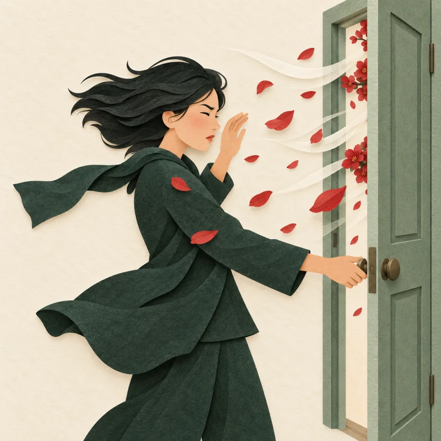 A person opens a door as petals blow into their face