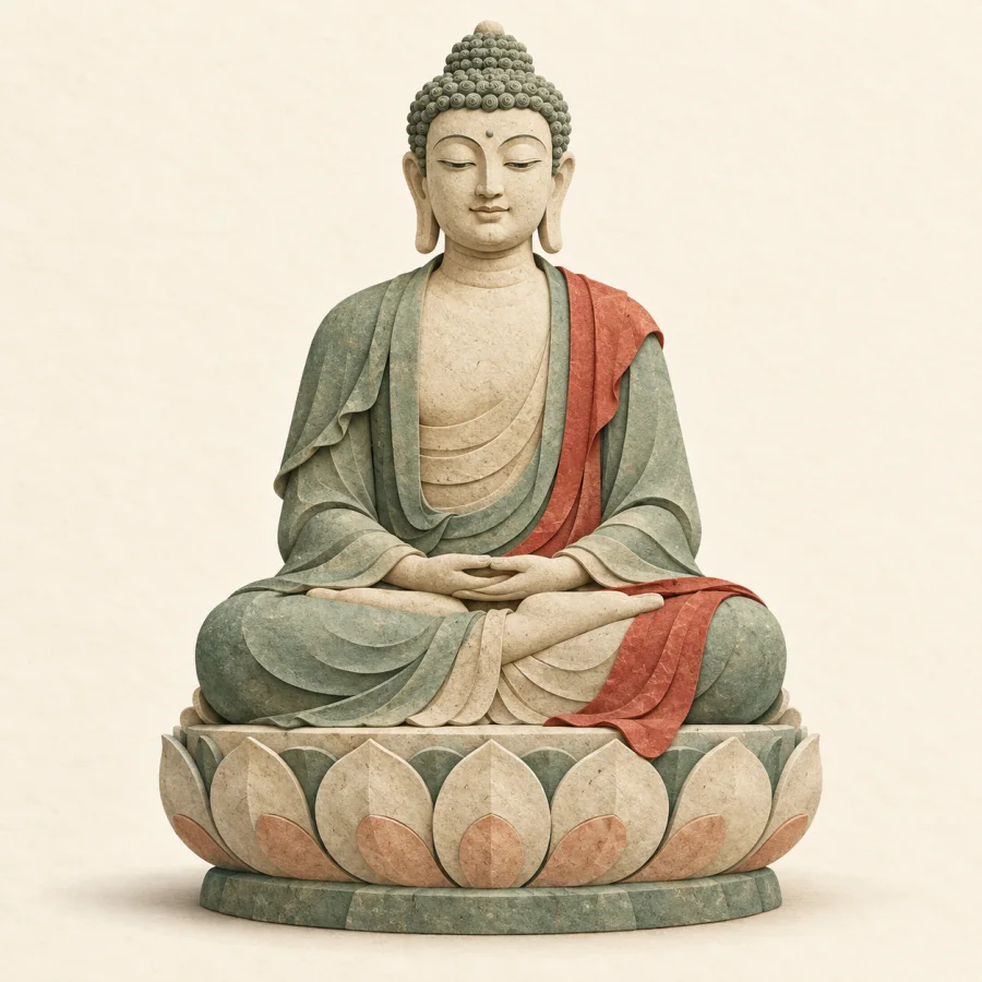 A serene stone statue seated on a lotus base