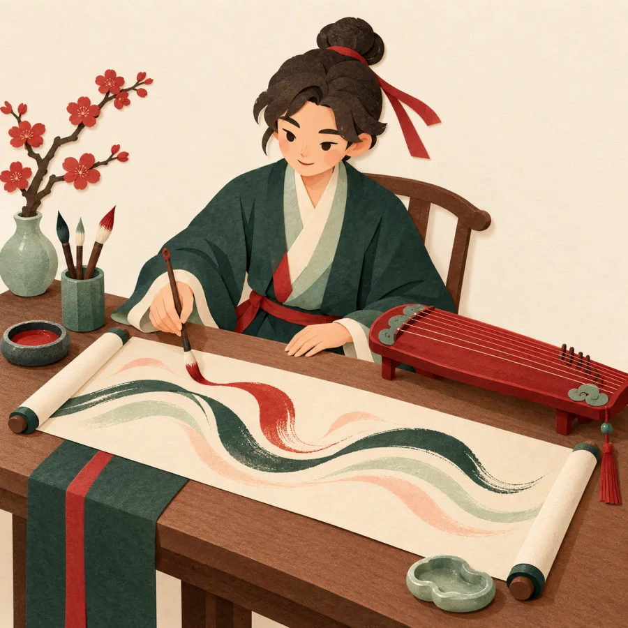A person composes music on a long sheet beside a zither