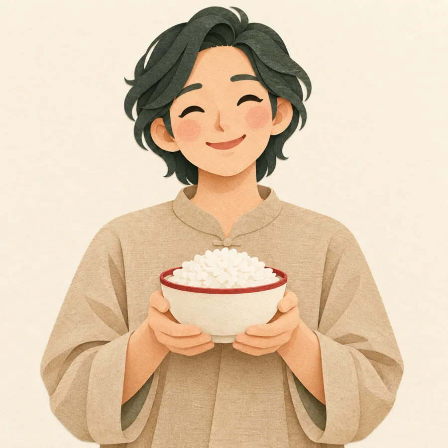 A person in plain clothes holds a simple bowl of rice