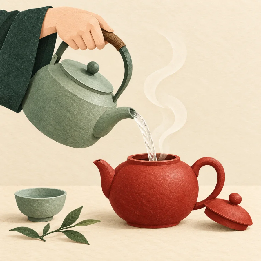 A person pours hot water from a kettle into a red teapot