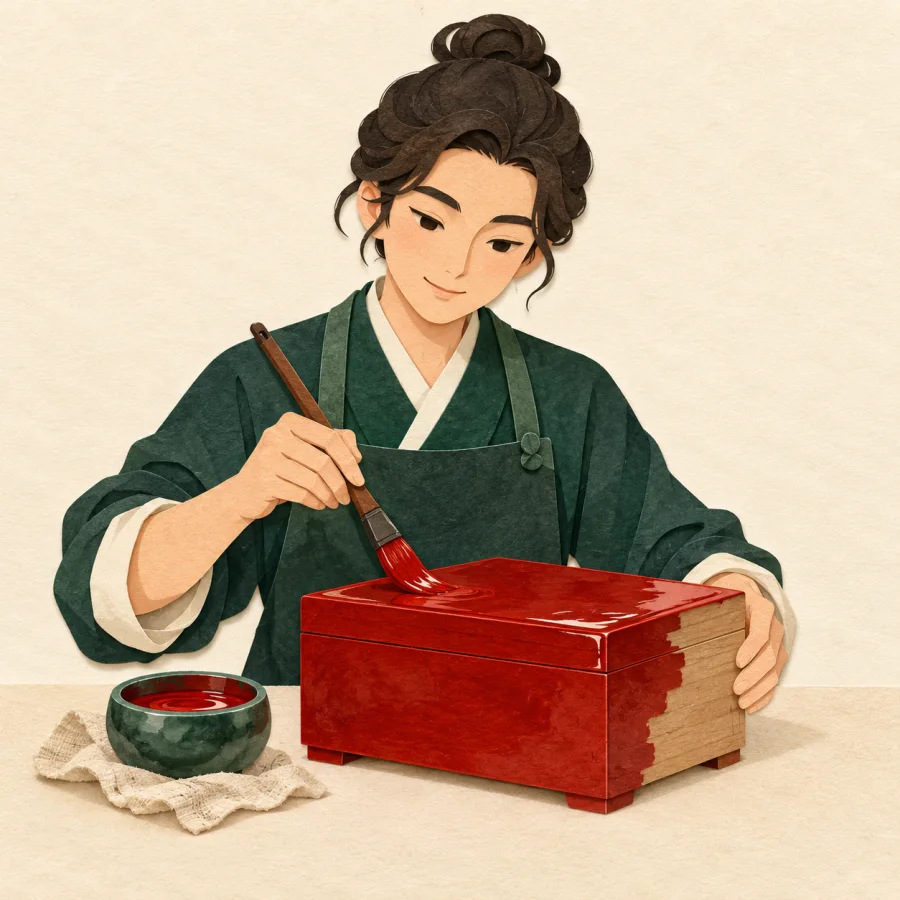A person brushes red lacquer onto a wooden box
