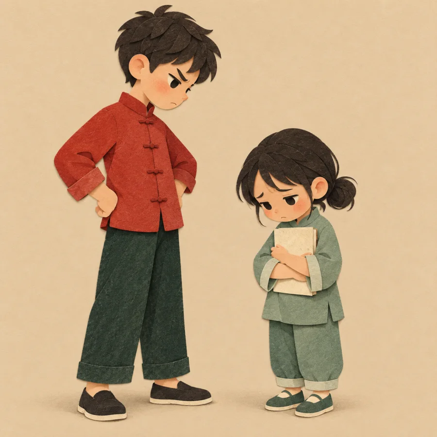 A tall child looms over a smaller child holding a book