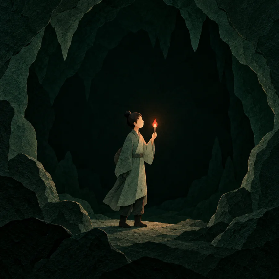 A person holds a small torch in a dark cave