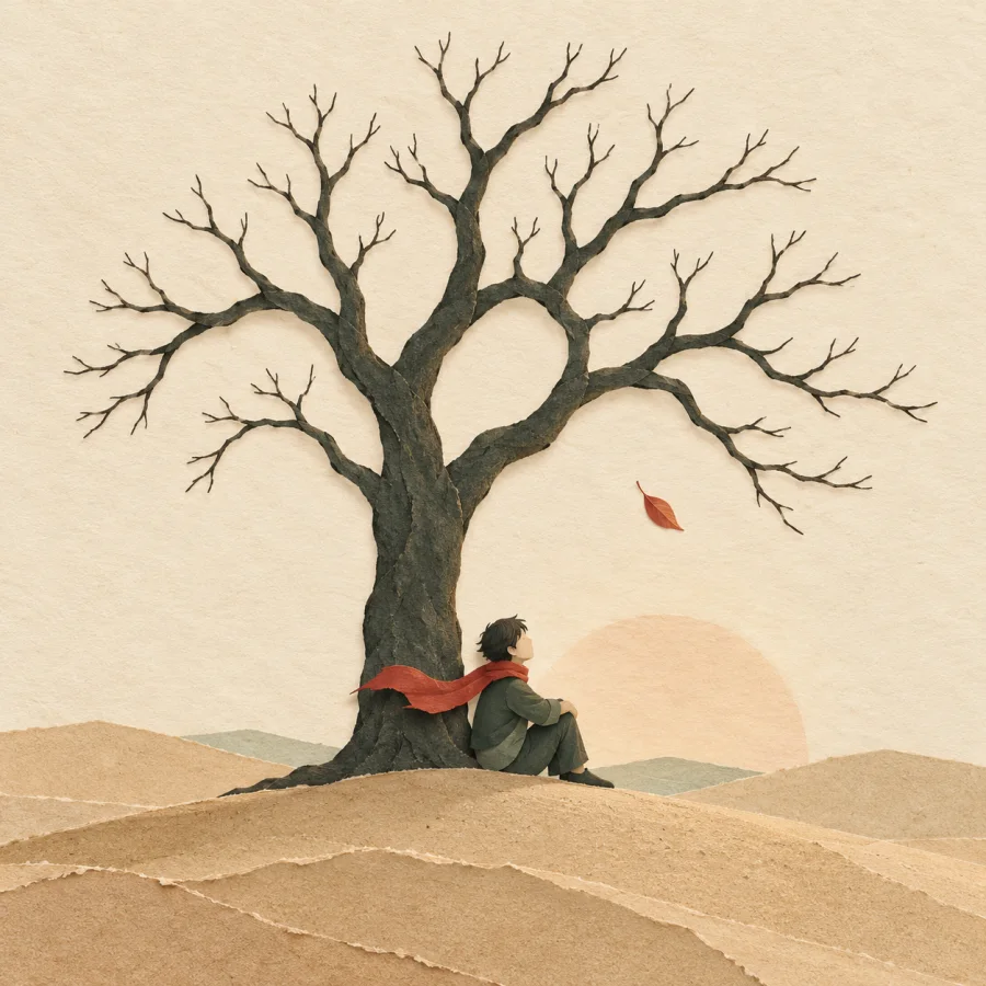 A lone person sits by a bare tree on an empty hill