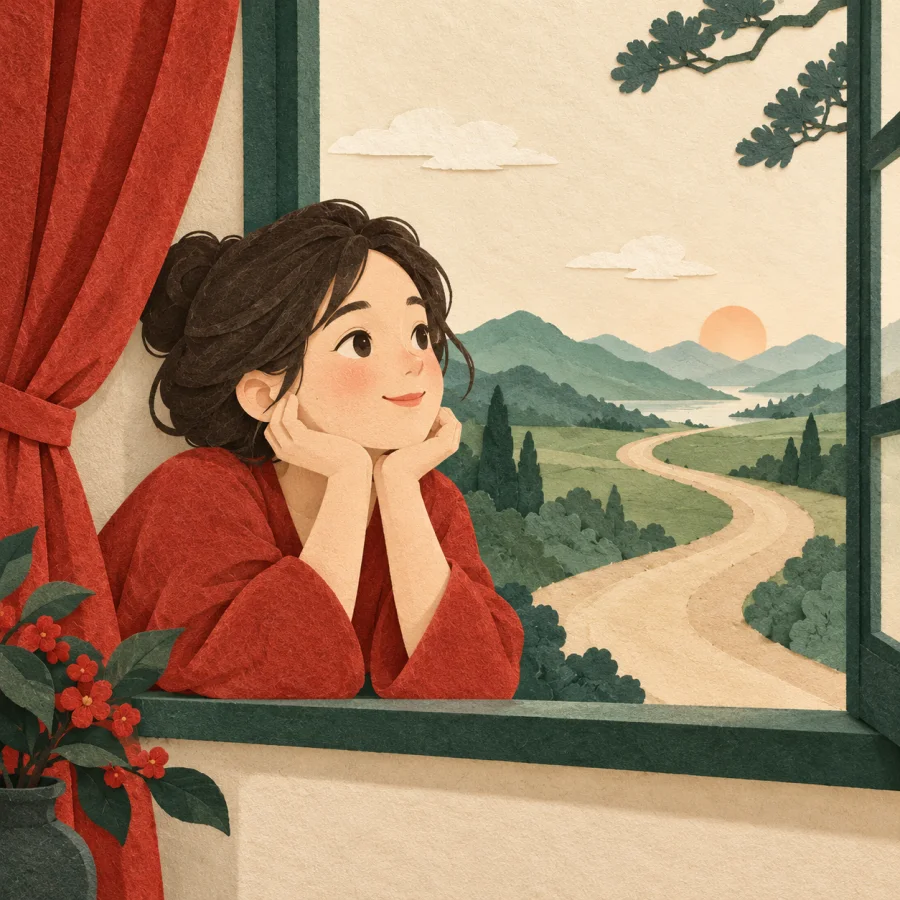 A person at a window gazes down a long road