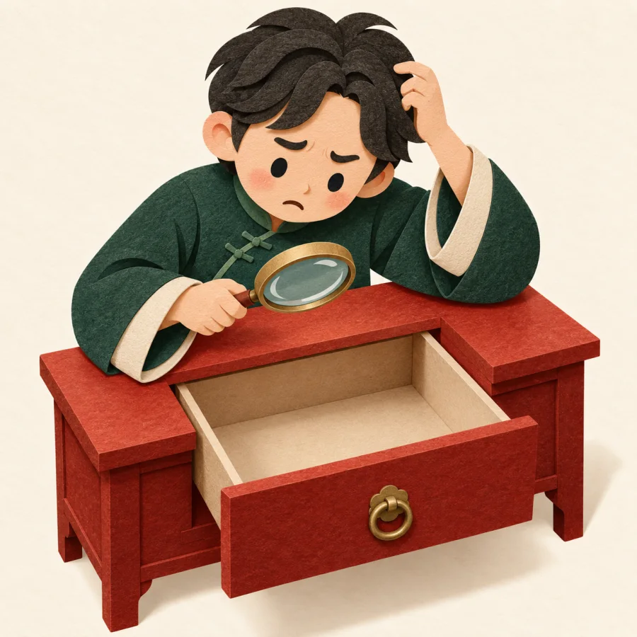 A person scratches their head over an empty drawer with a magnifier