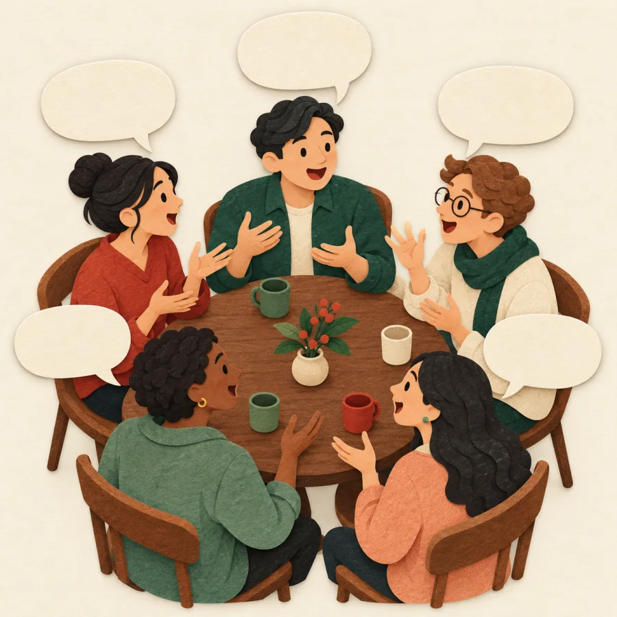 Five people around a table all talk at once