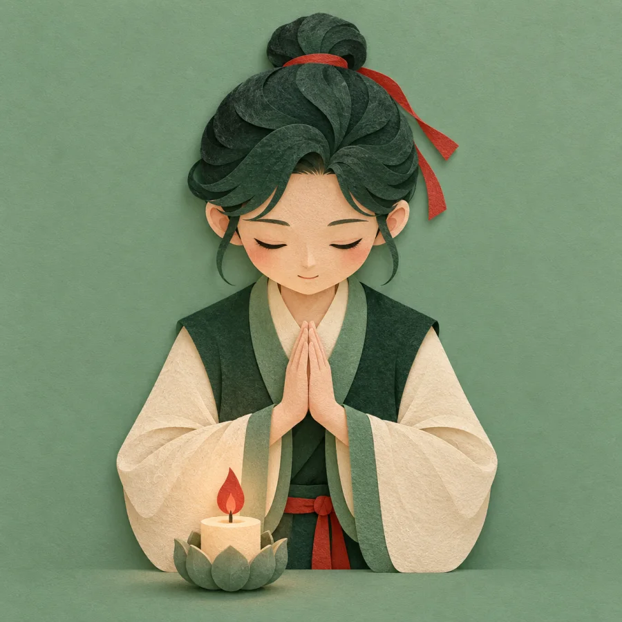 A person with clasped hands bows beside a candle