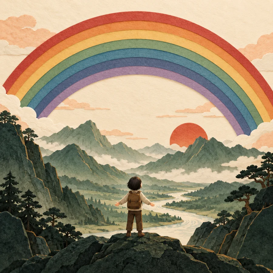 A person gazes in awe at a rainbow over a valley