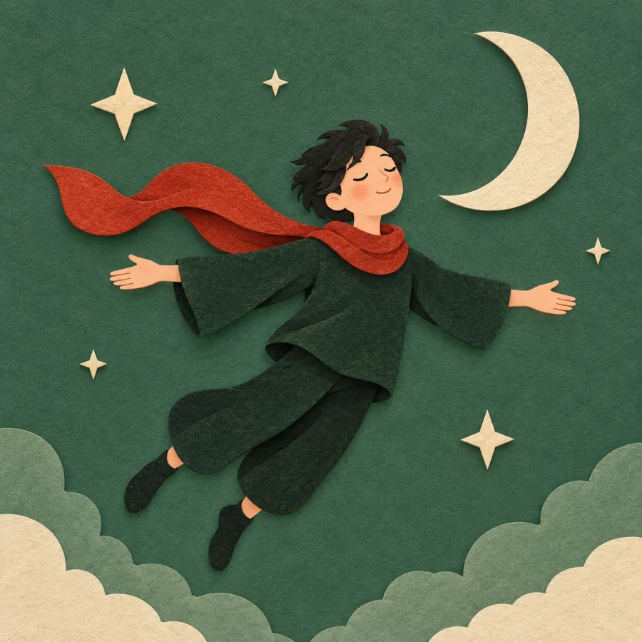 A person floats among stars and a crescent moon