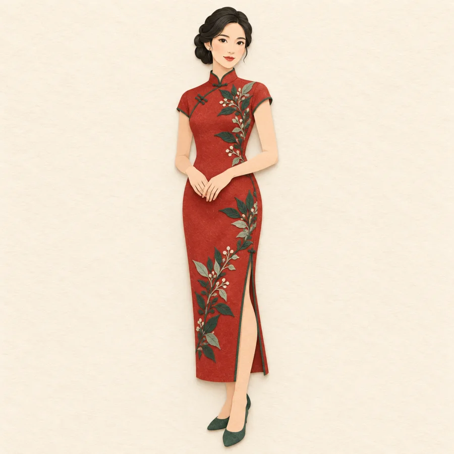 A person in a fitted red dress with a high collar