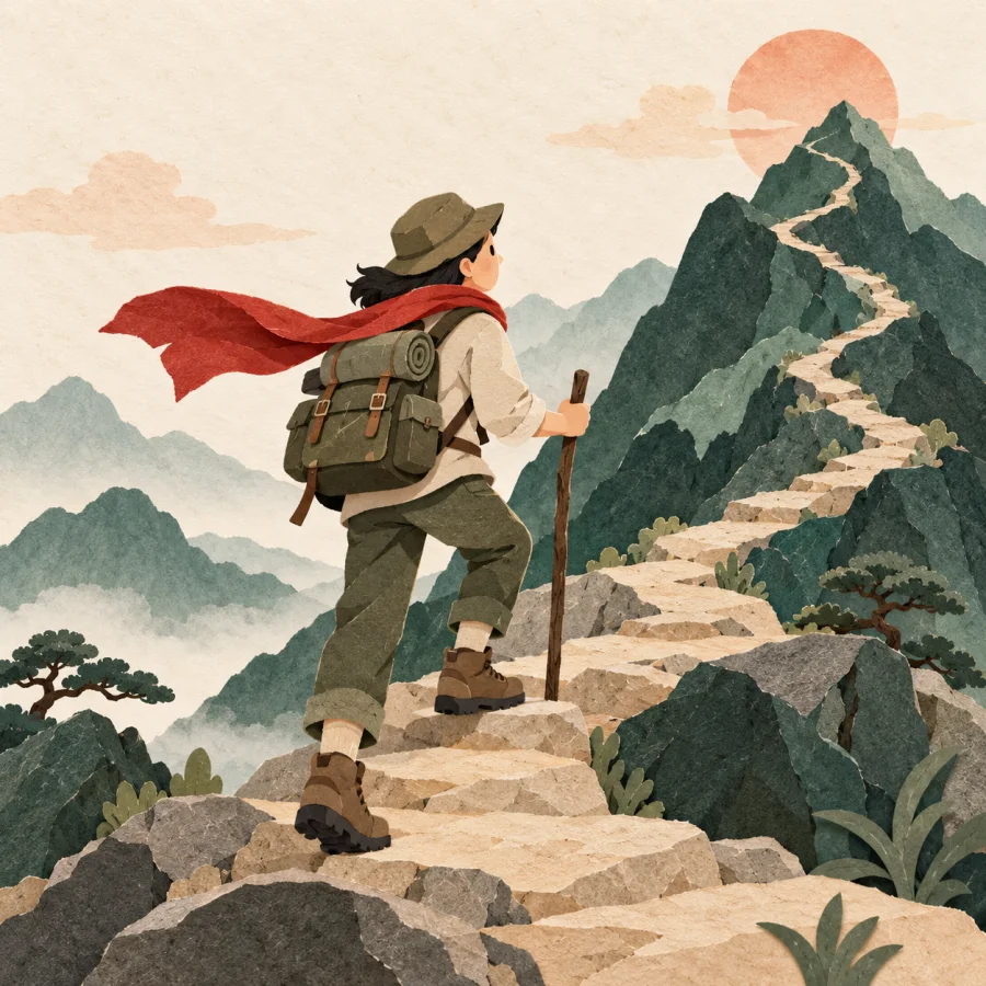 A hiker with a stick climbs a winding rocky path