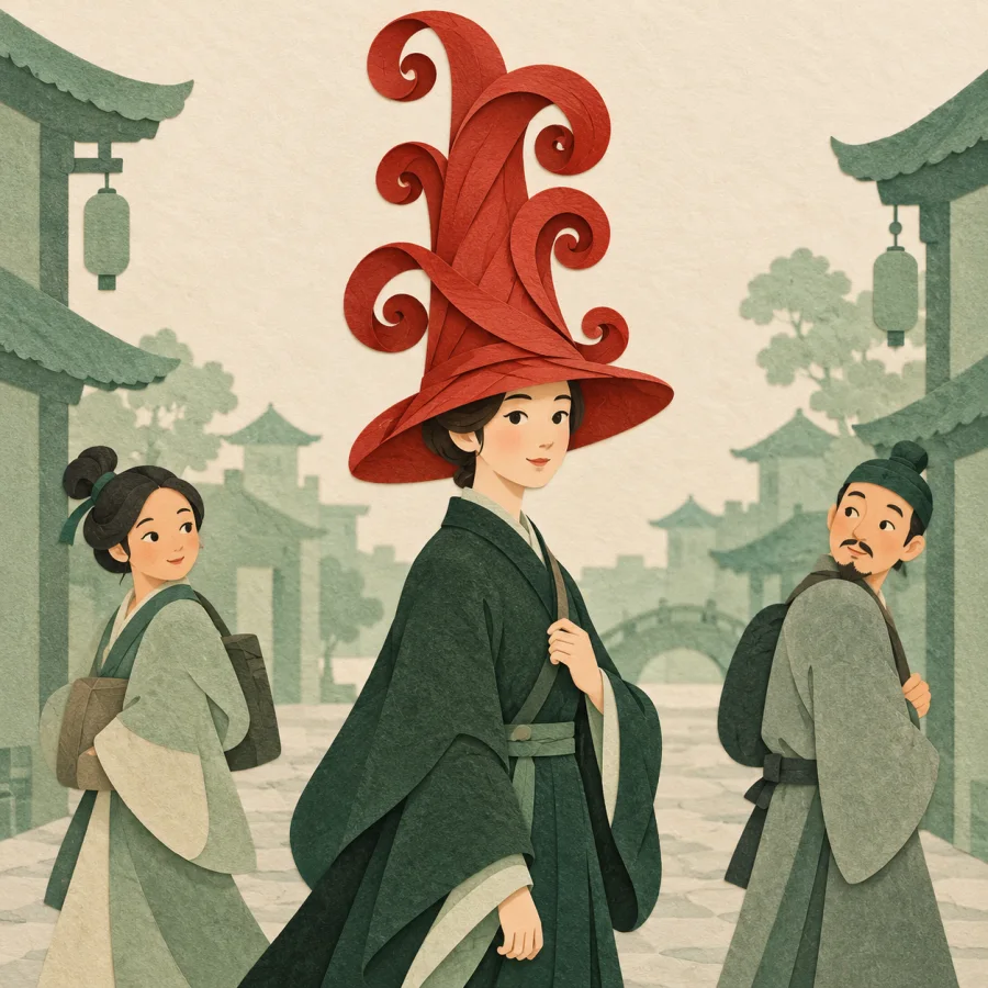 A person in a curly oddly shaped hat as passers-by turn to look