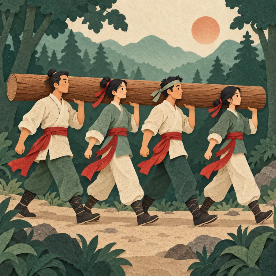 Four people carry a heavy log together on their shoulders