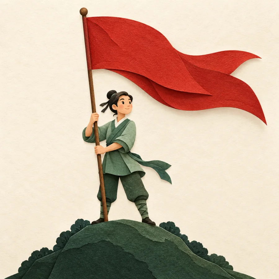 A person on a hill holds a tall red banner