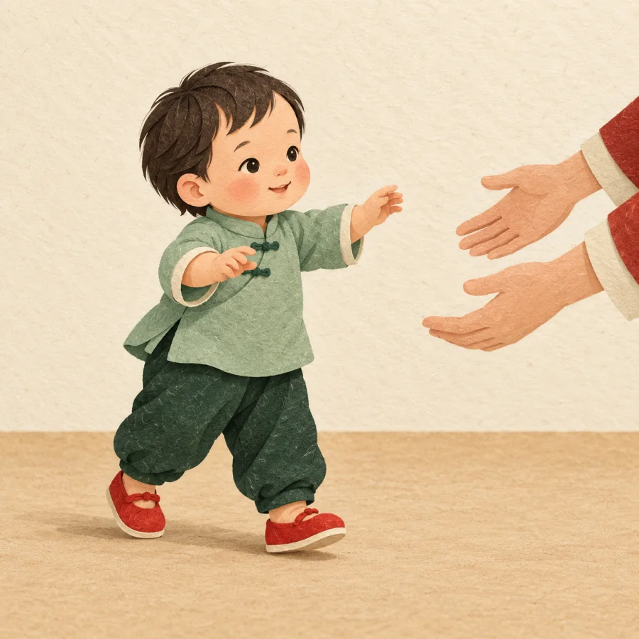 A toddler takes first steps toward open arms