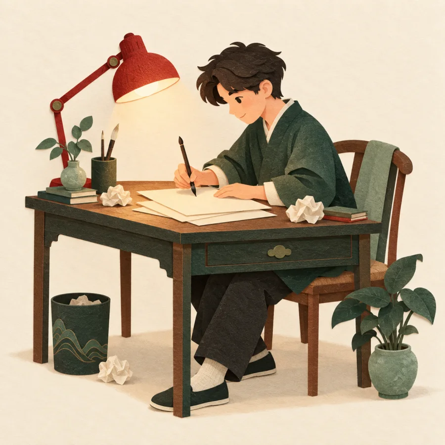 A person writes at a desk among crumpled drafts