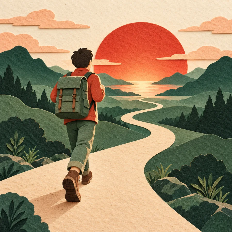 A traveler with a backpack steps onto a road at sunrise