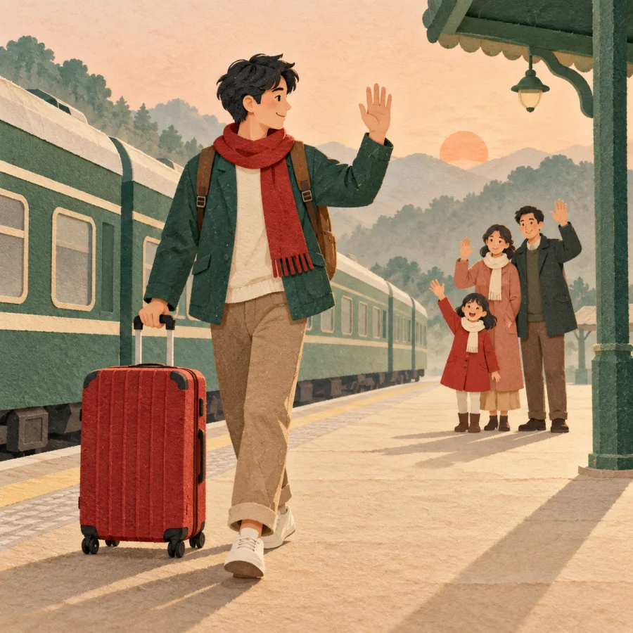 A traveler with a suitcase waves goodbye to family on a platform