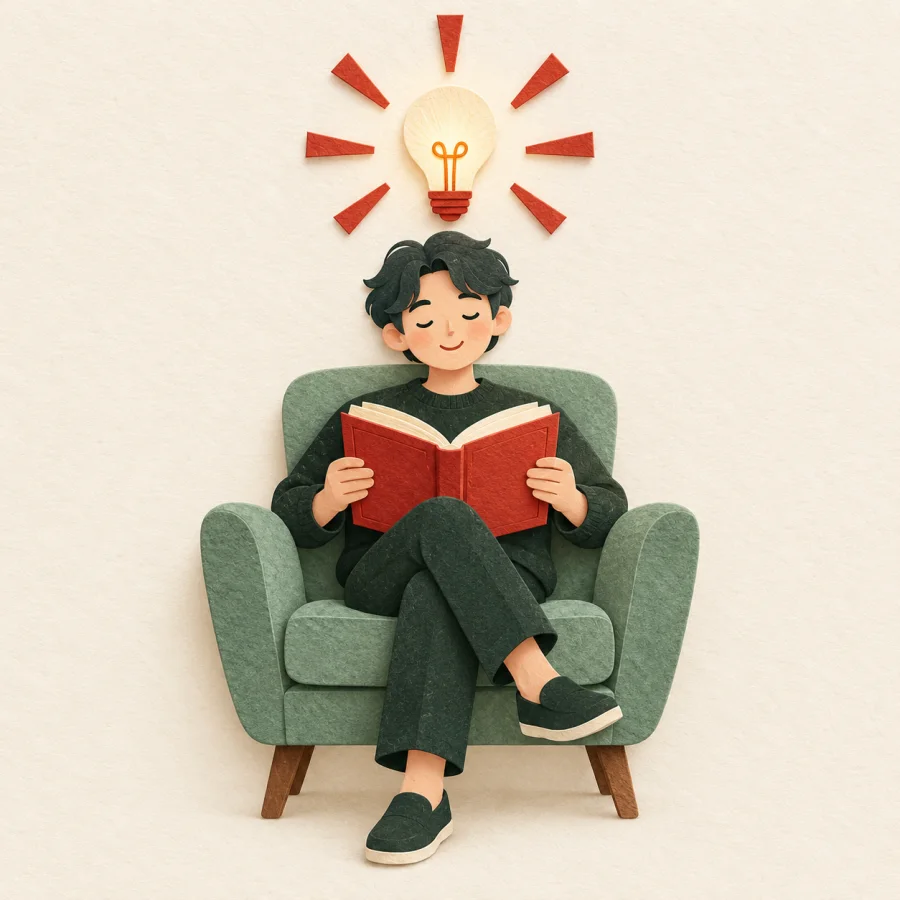 A person reads a book as a light bulb glows above