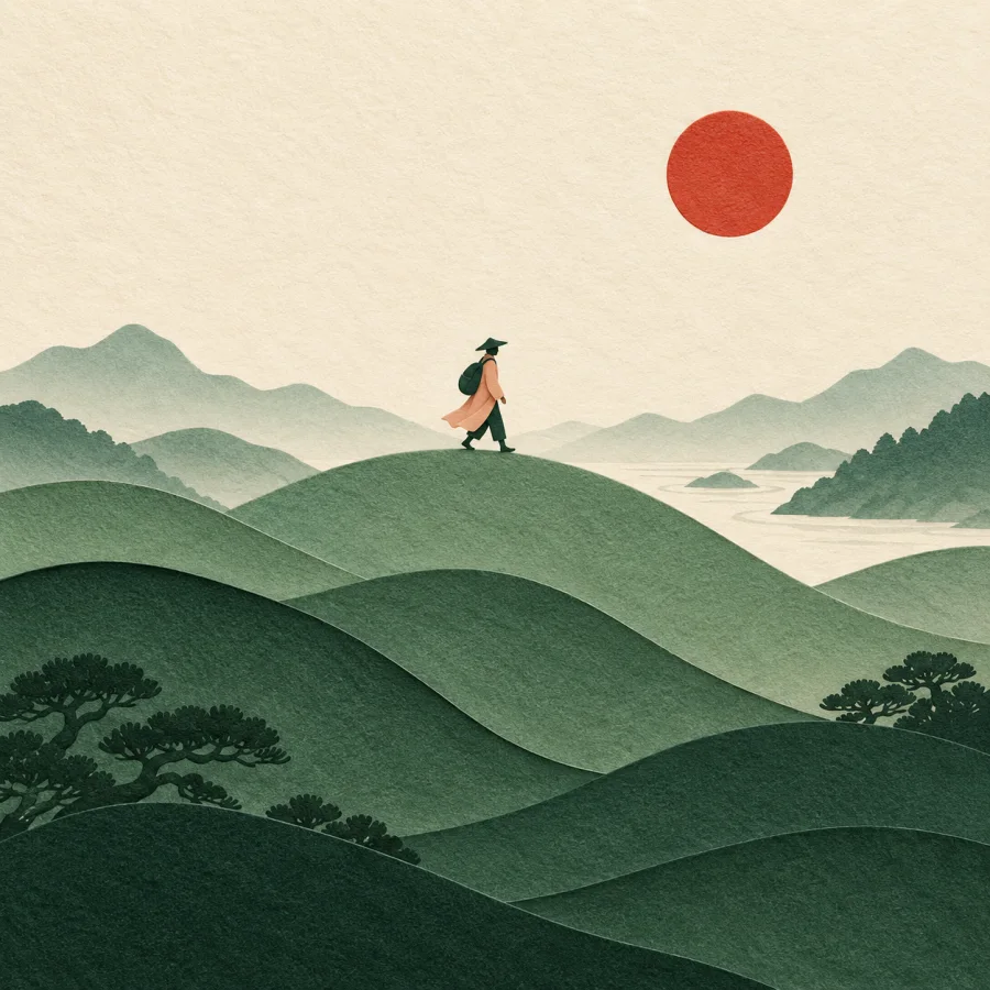 Rolling green hills with a person walking along a crest