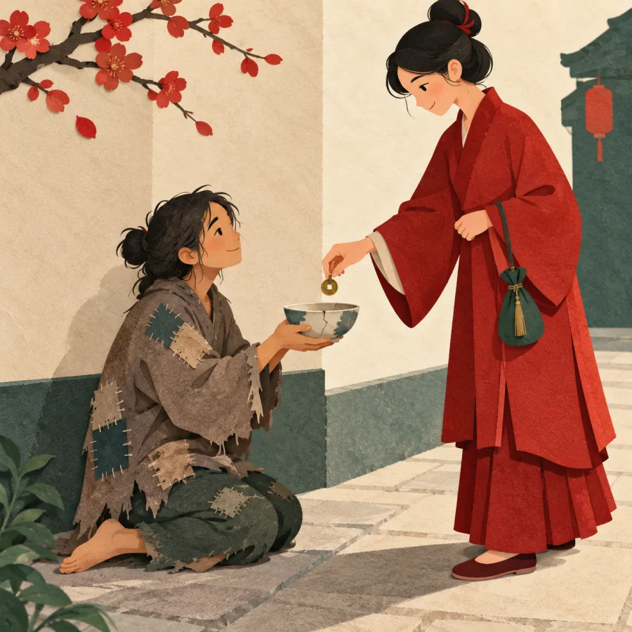 A beggar in patched clothes holds out a bowl at a street corner