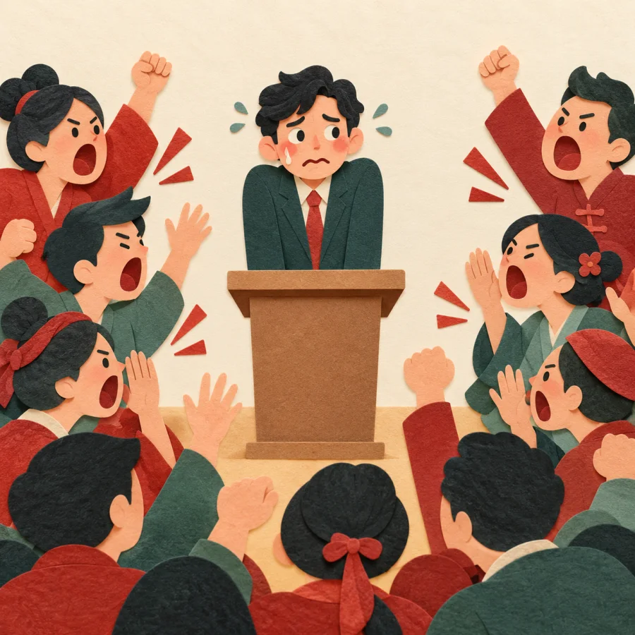 A crowd shouts and jeers around a flustered speaker at a podium