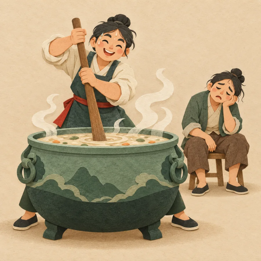 A person stirs a big pot with gusto, smiling with effort