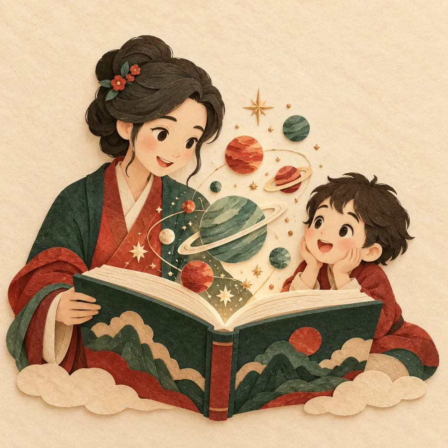 A teacher opens a glowing book before a small child