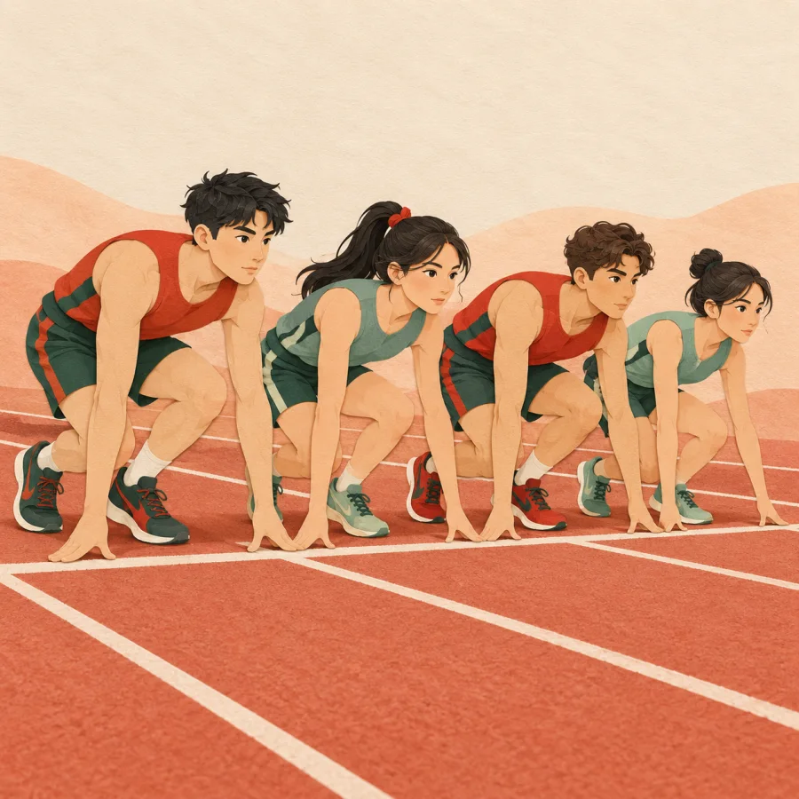 Runners crouch at the chalk starting line, ready to sprint
