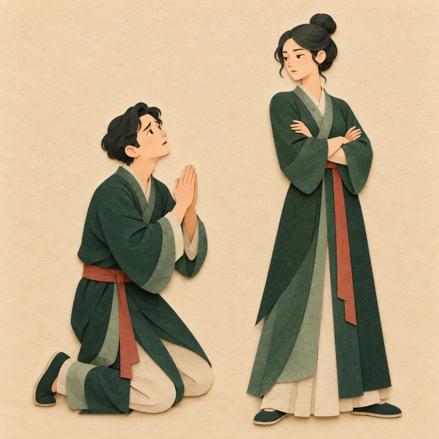 A kneeling person pleads up at a figure standing with crossed arms