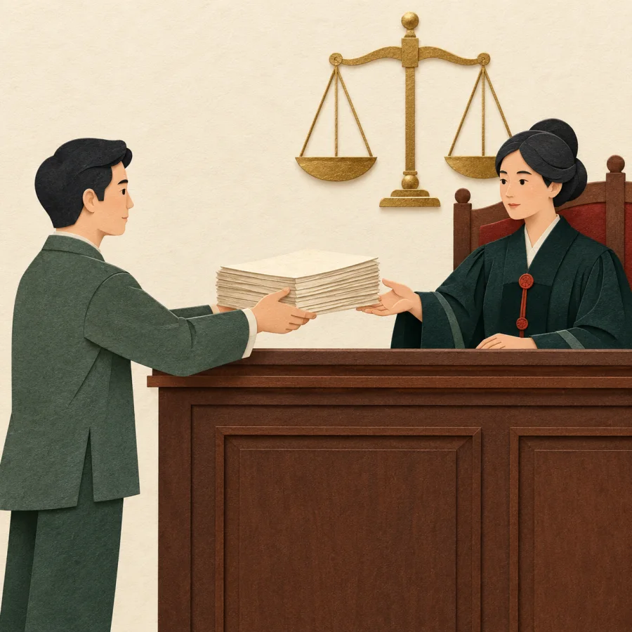 A person hands documents to a judge beneath a weighing scale