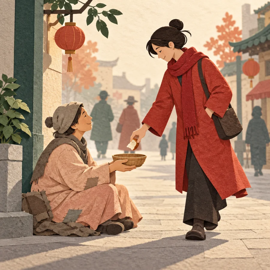 A person with a bowl at a street corner receives bread from a passerby