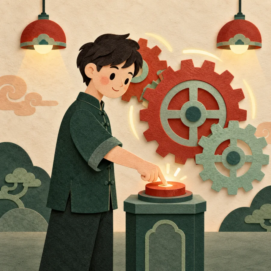 A person presses a big button as machines and lamps light up