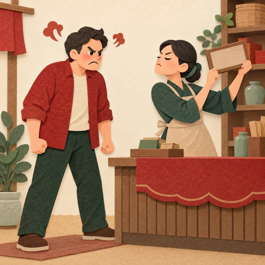 An indignant customer faces a shopkeeper turning away with a board