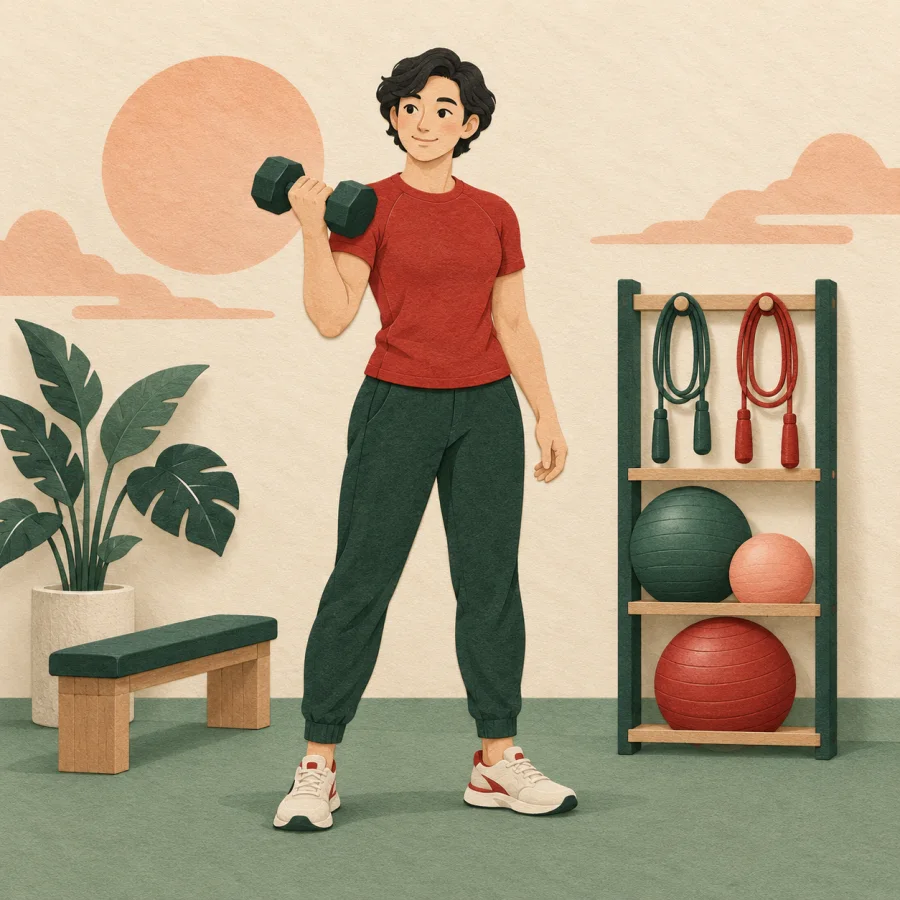 A person lifts a dumbbell among laid-out sports gear