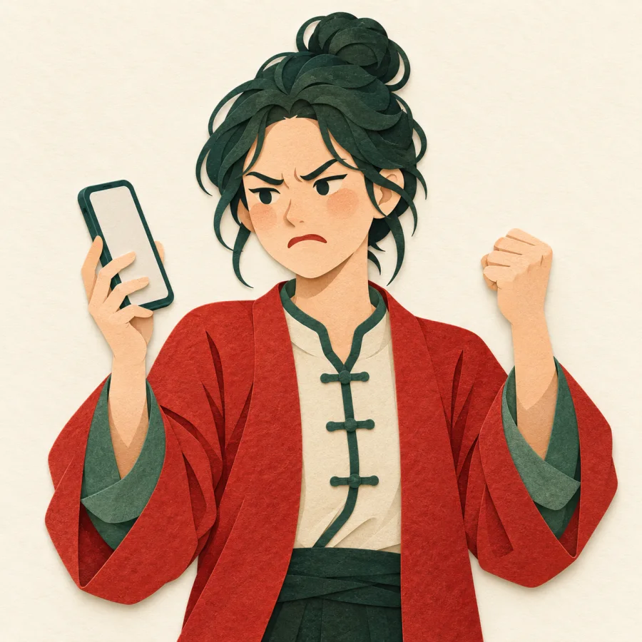 A person glares angrily at a phone, fist clenched