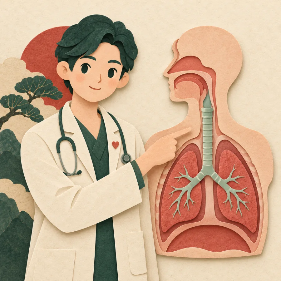 A doctor points at a diagram of the windpipe