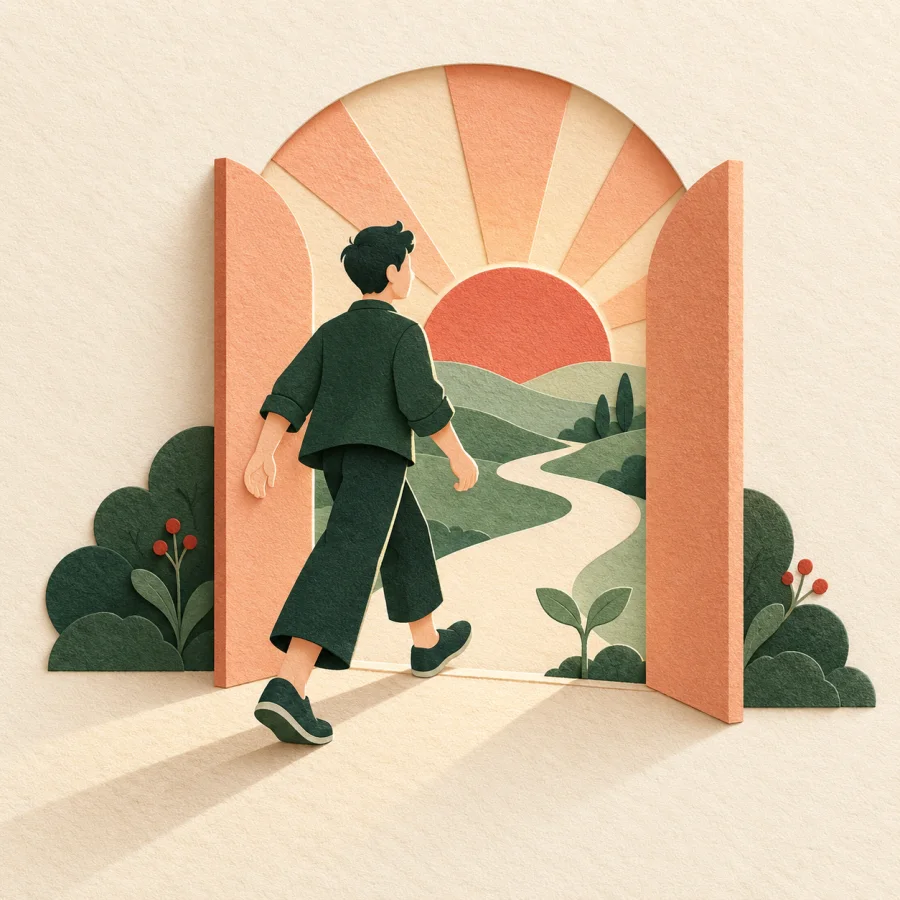 A person steps through a glowing doorway; a sprout nearby