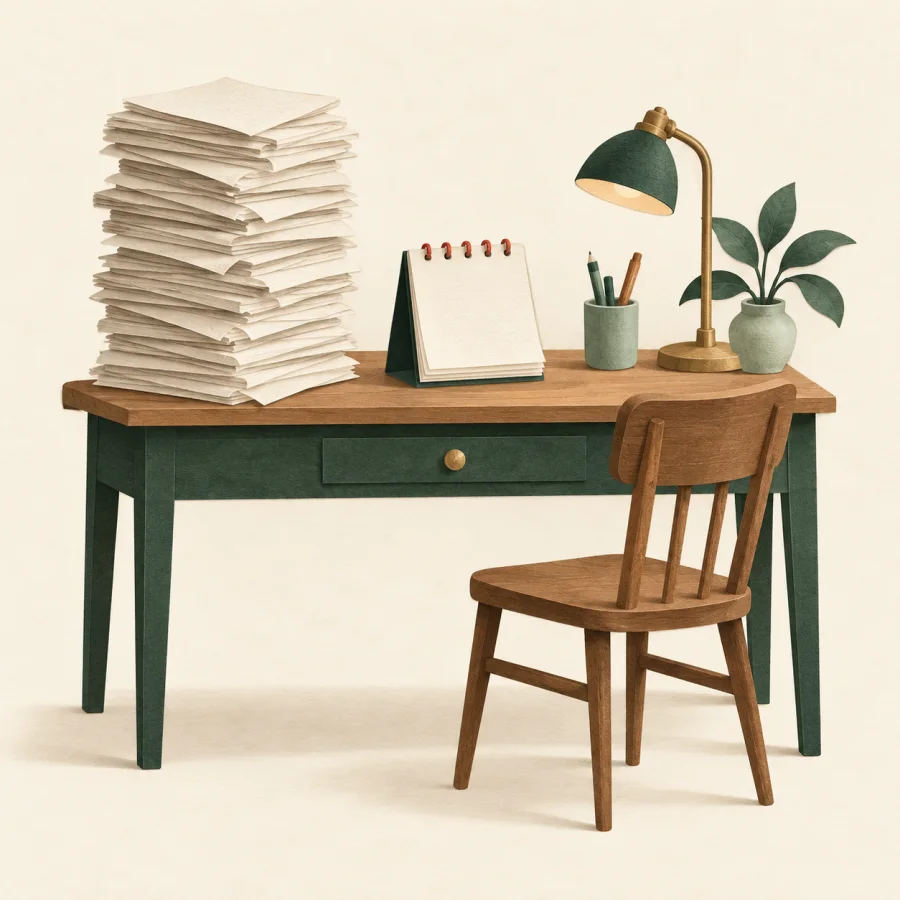 An empty chair, stacked papers and a desk calendar