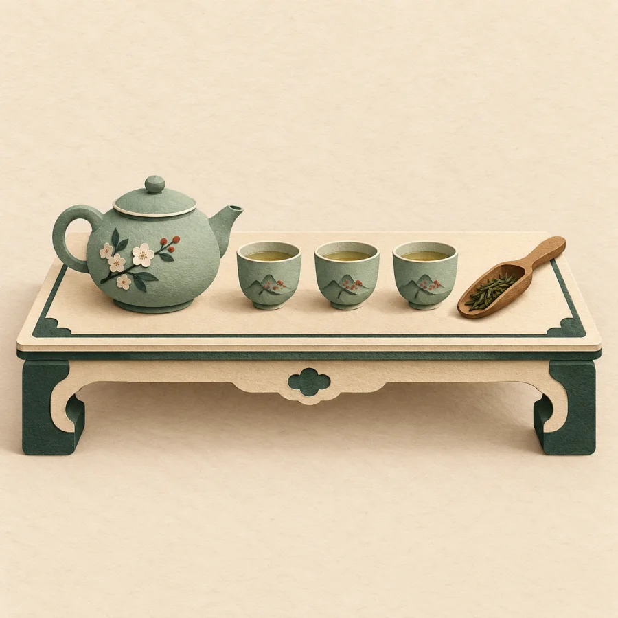 A tea table with teapot, cups and a wooden scoop