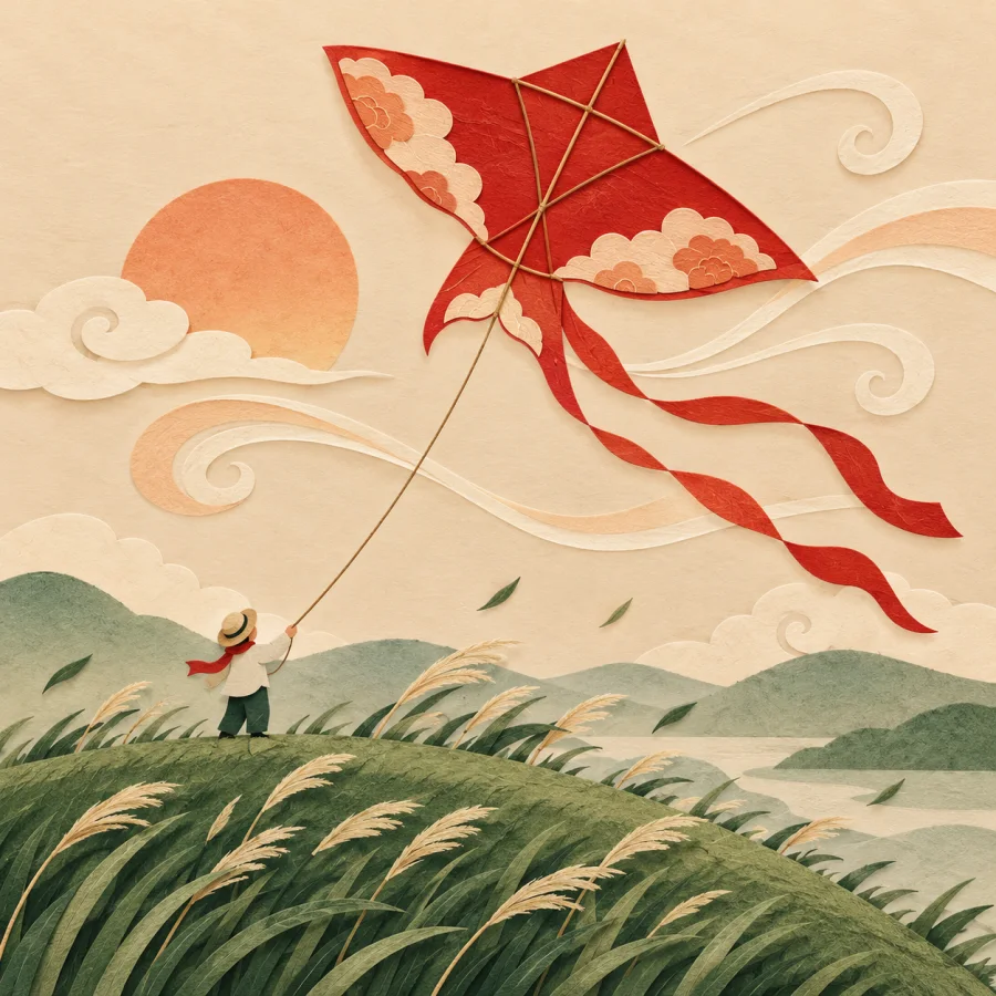 A kite soars on swirls of wind above a hill