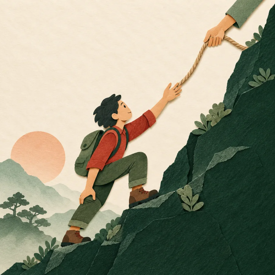 A tired climber on a slope looks up at a helping hand