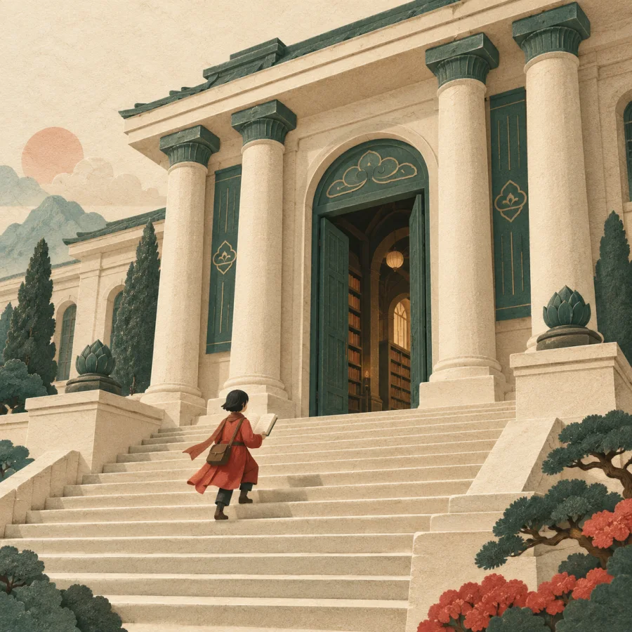 A person walks up wide steps of a columned building