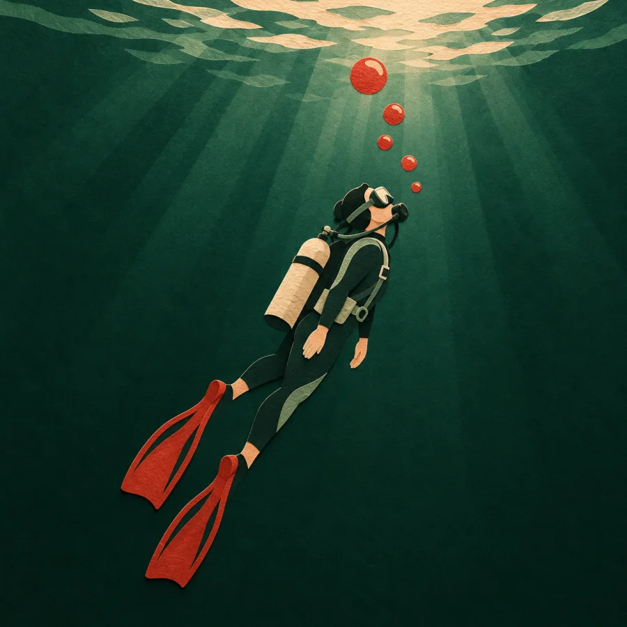 A diver underwater with round air bubbles rising upward