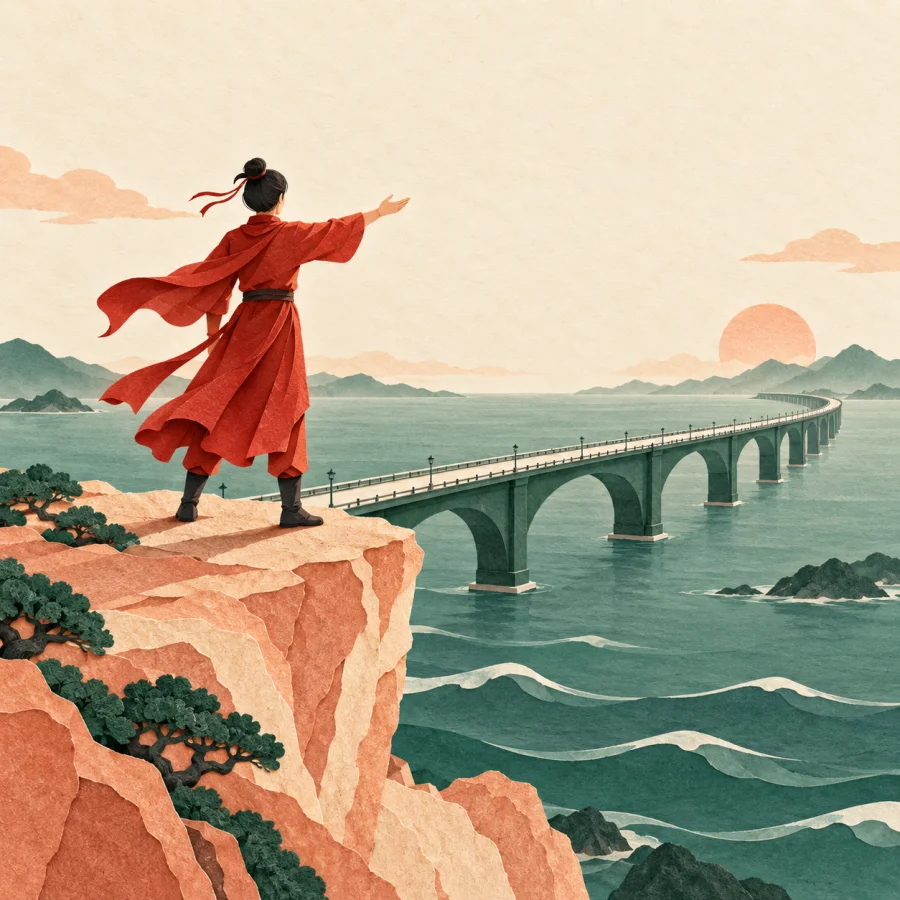 A person on a cliff gestures toward a huge bridge over the sea